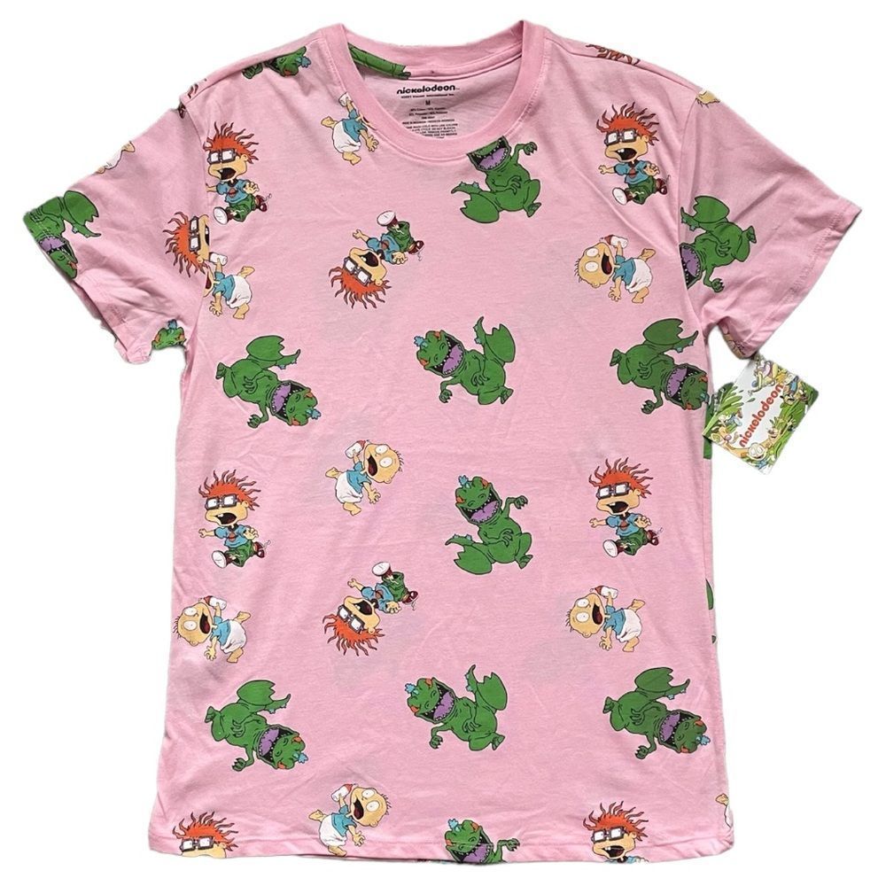 NWT Nickelodeon Rugrats Chuckie Tommy Reptar Pink Men's 90s T Shirt M